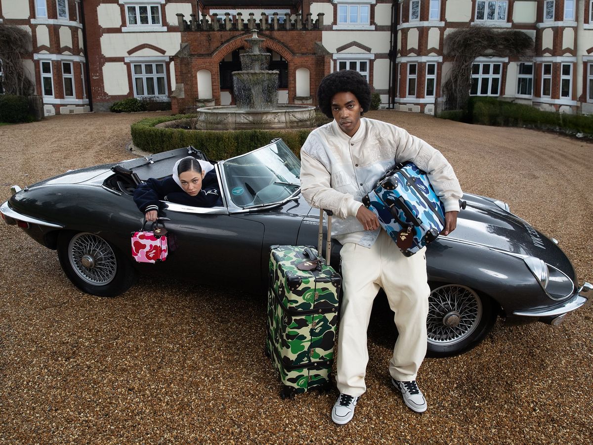 SS24 Collaboration — BAPE × Globe-Trotter luggage with E-Type Jaguar
