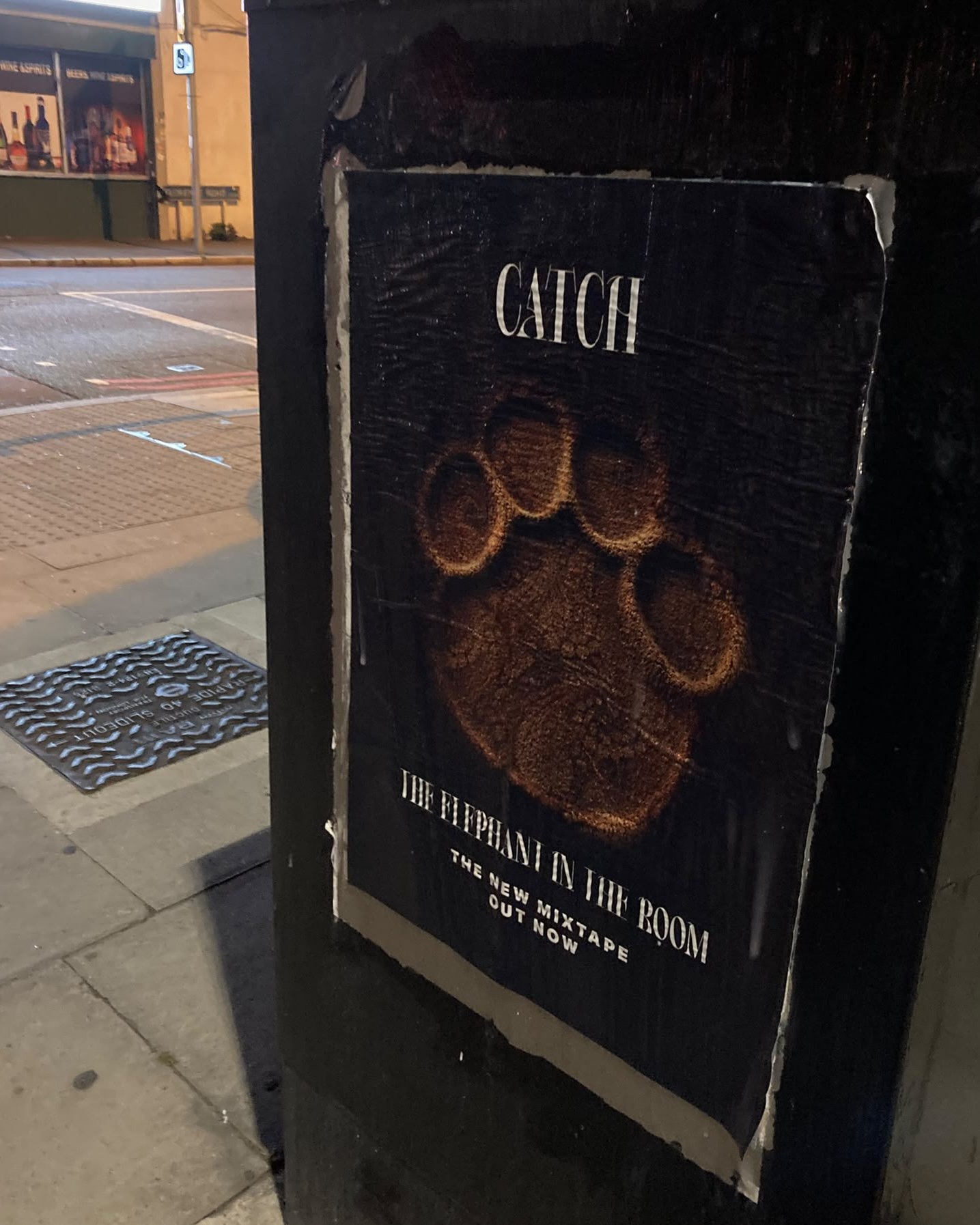 The Elephant In The Room fly-poster on a street corner at night