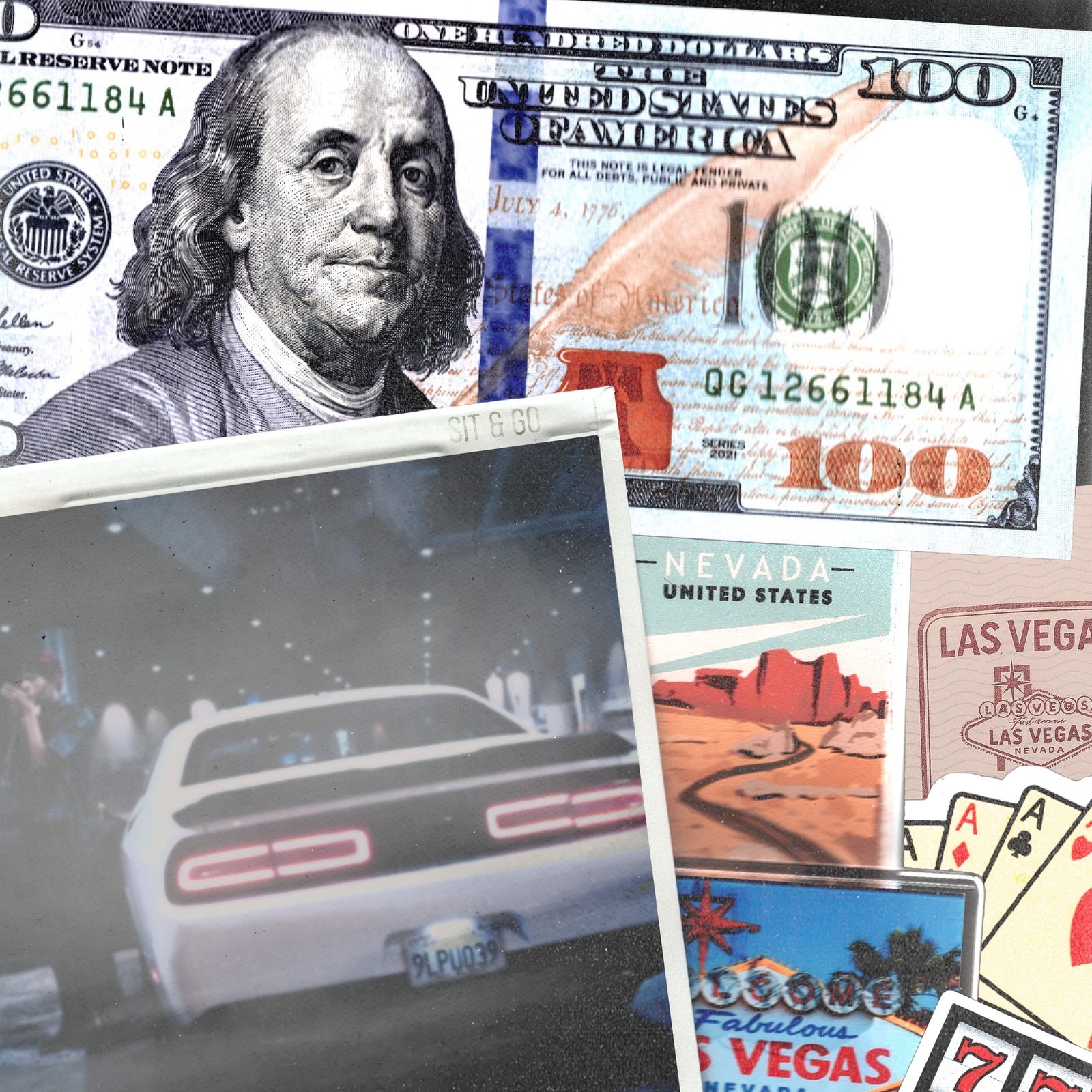 AOTP single artwork 03 — full collage with Sit & Go polaroid, Nevada postcards and playing cards