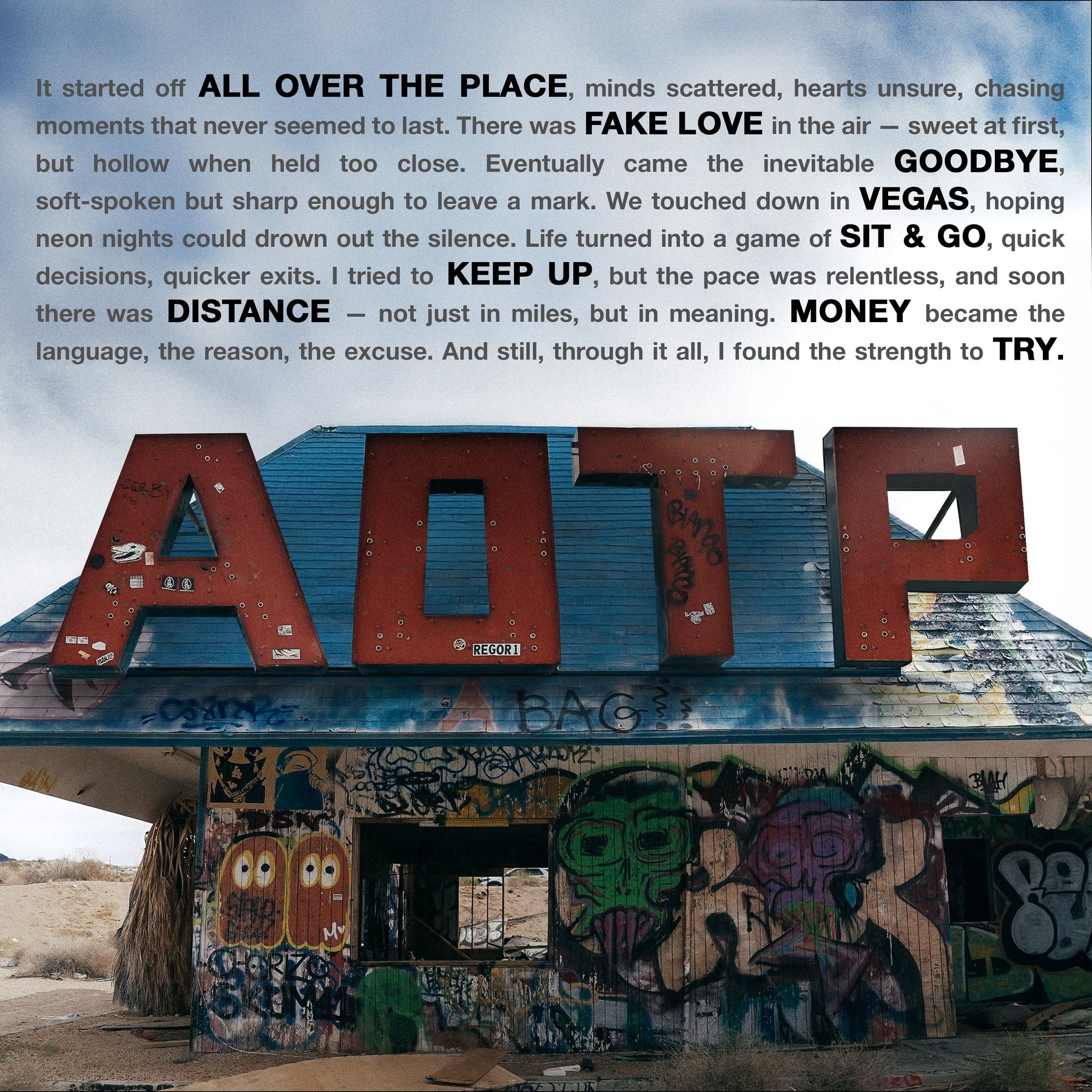 AOTP — final tracklist cover, sign close-up with narrative copy weaving the track titles through the sky