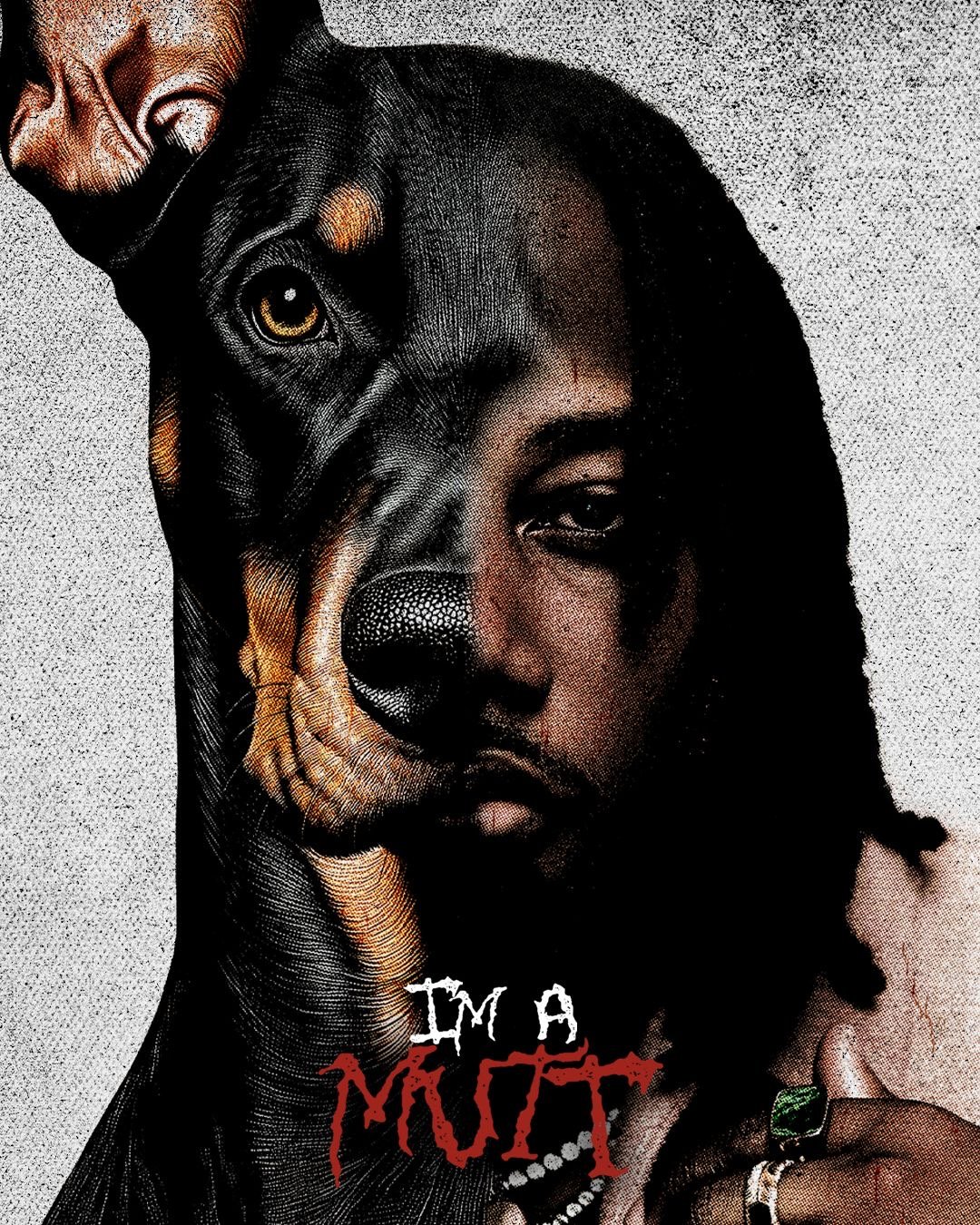 I&rsquo;m A Mutt poster — Leon Thomas and dobermann split portrait