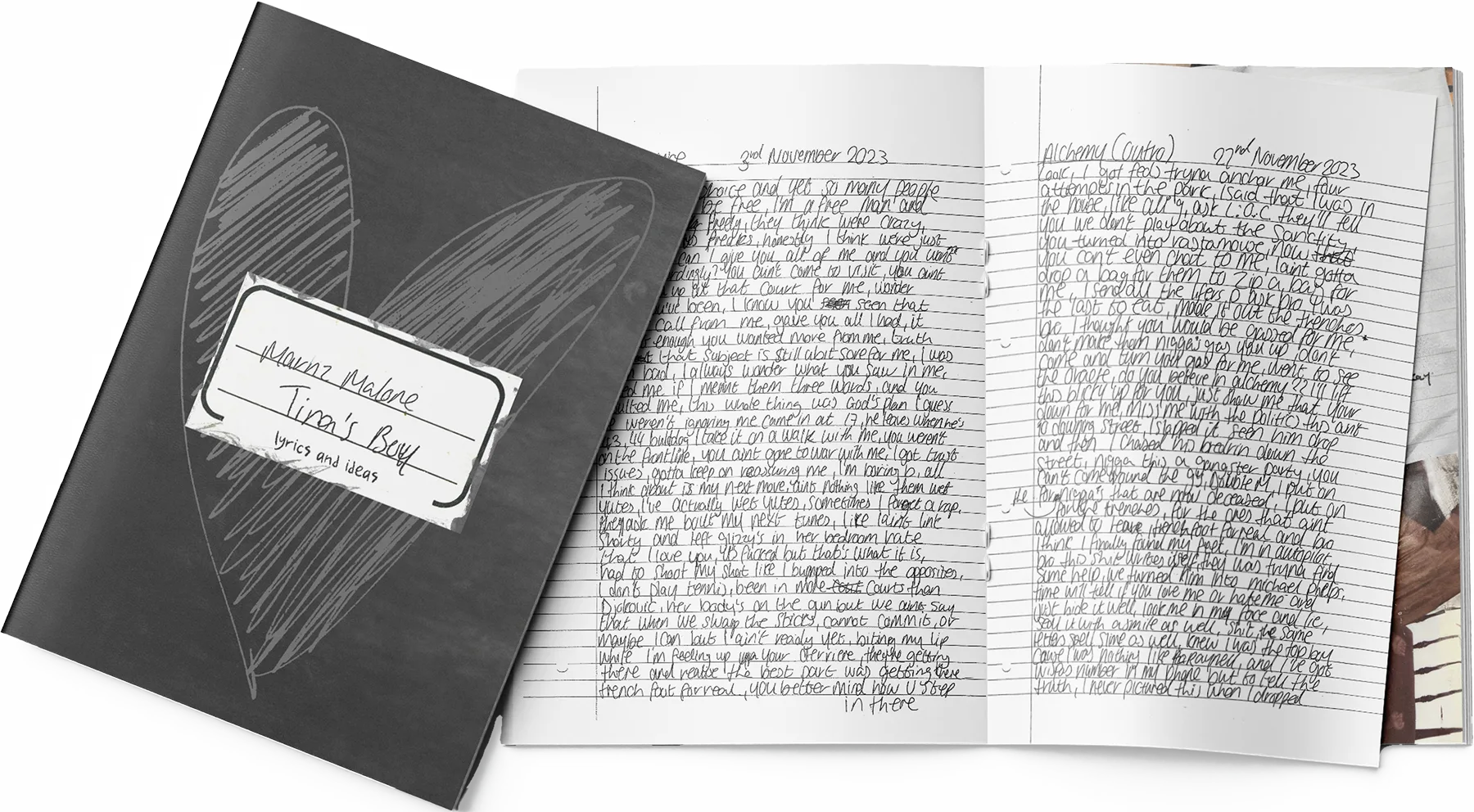 Tina&rsquo;s Boy — physical booklet mockup, cover and open handwritten lyrics spread