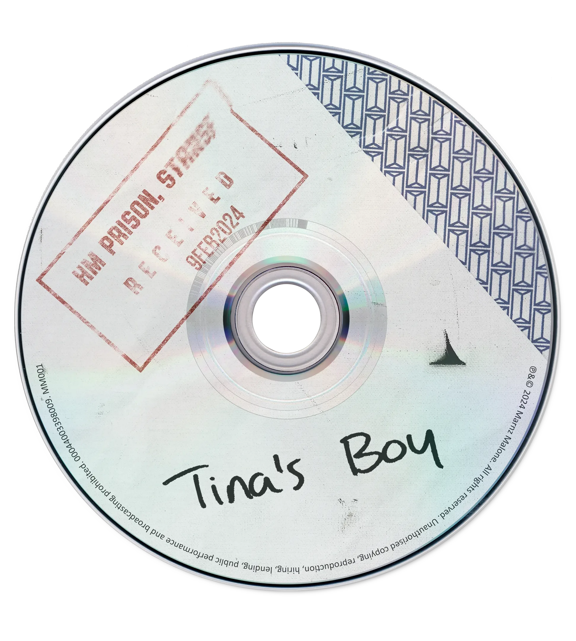 CD disc — Tina&rsquo;s Boy handwritten on scanned letter artwork with prison received stamp