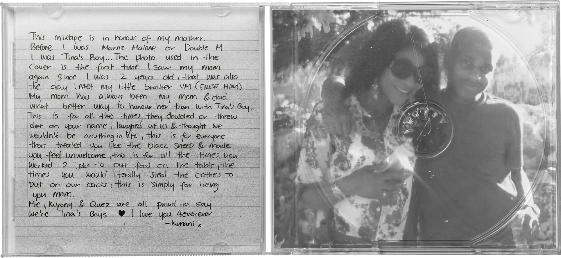 CD case open — handwritten dedication letter and disc tray photograph