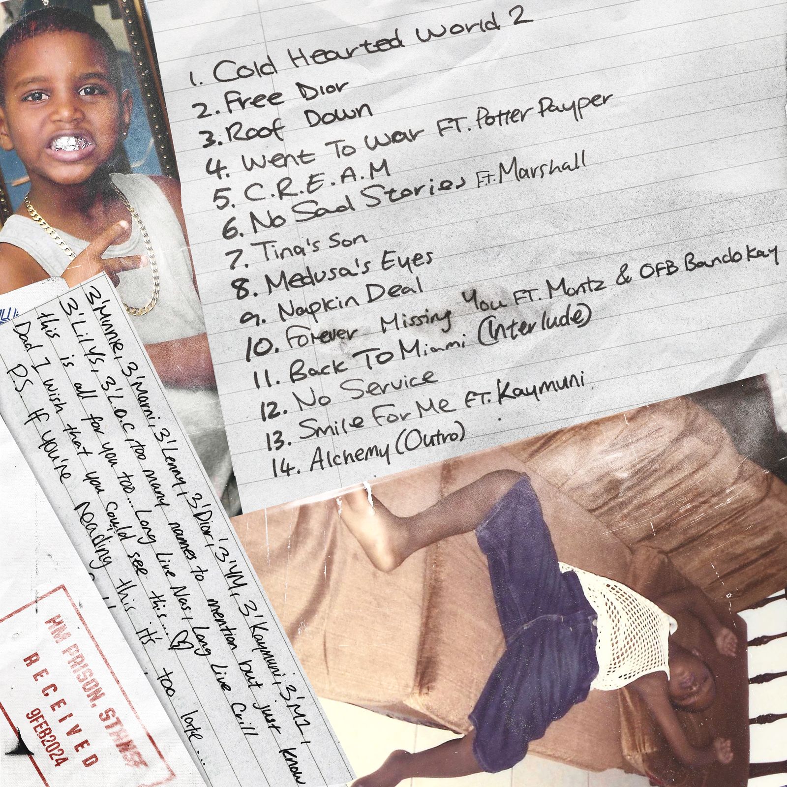 Tina&rsquo;s Boy — tracklist cover, handwritten track titles over collaged family photographs and prison stamp