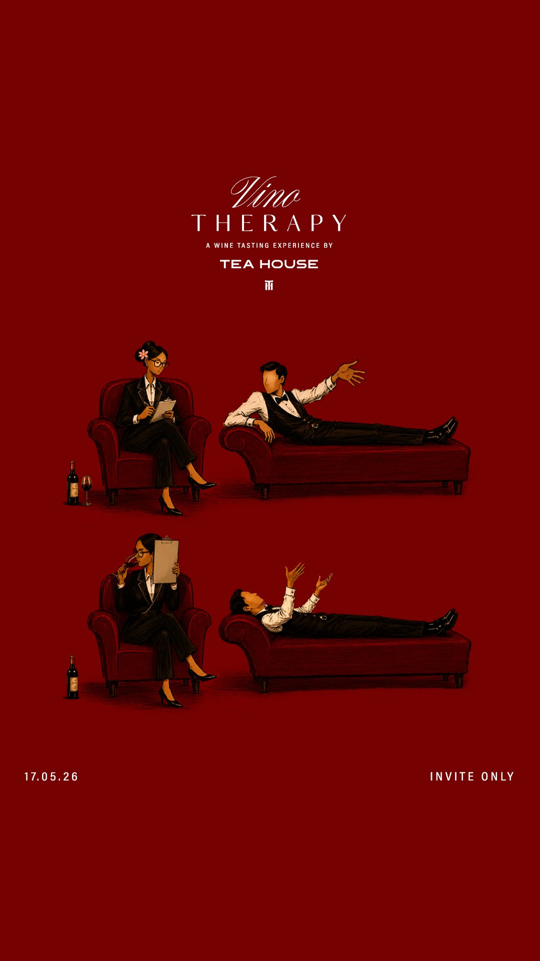 Vino Therapy — illustrated wine tasting invitation on the sofa couch