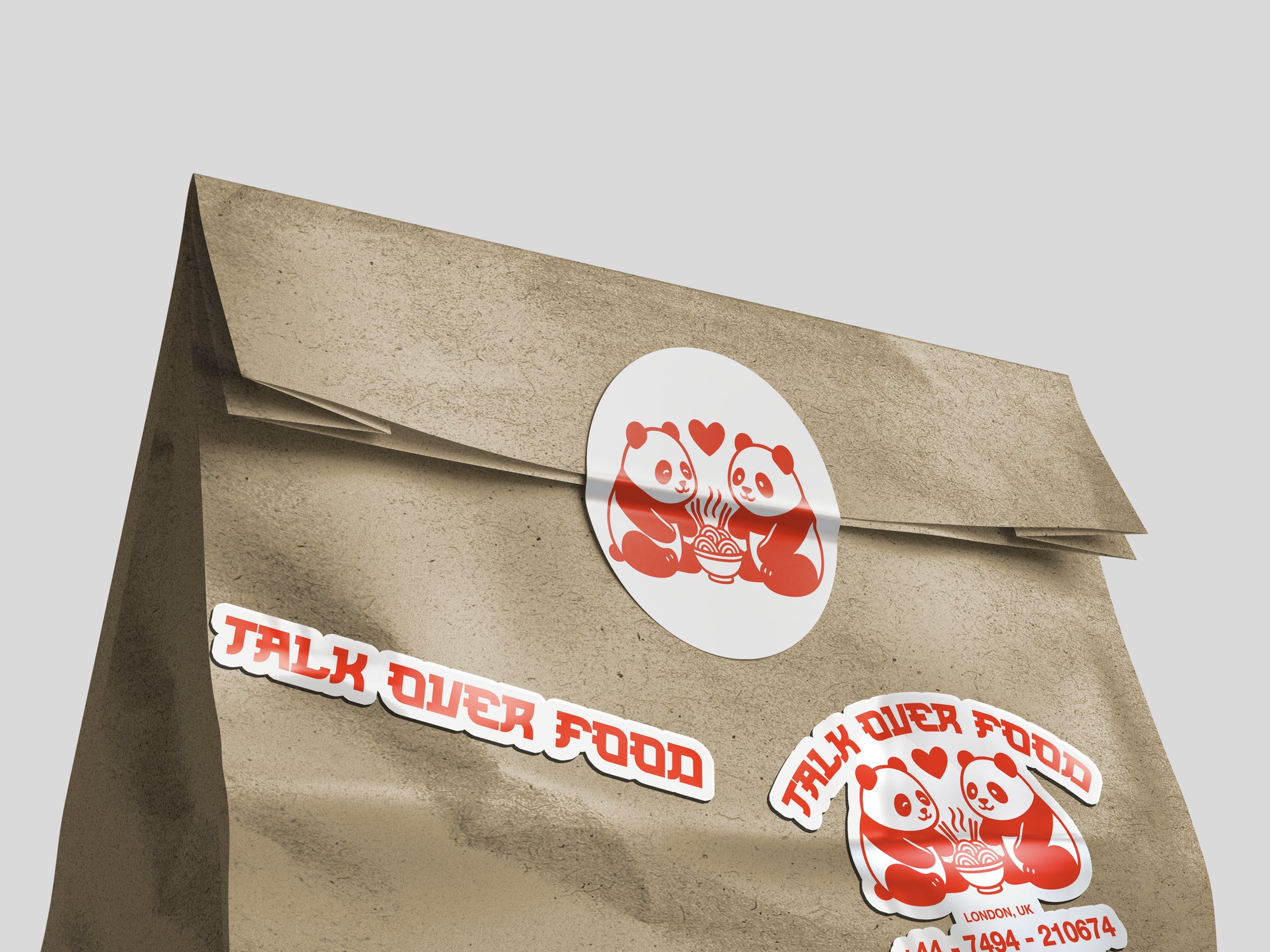 Talk Over Food — kraft takeaway bag with panda stickers
