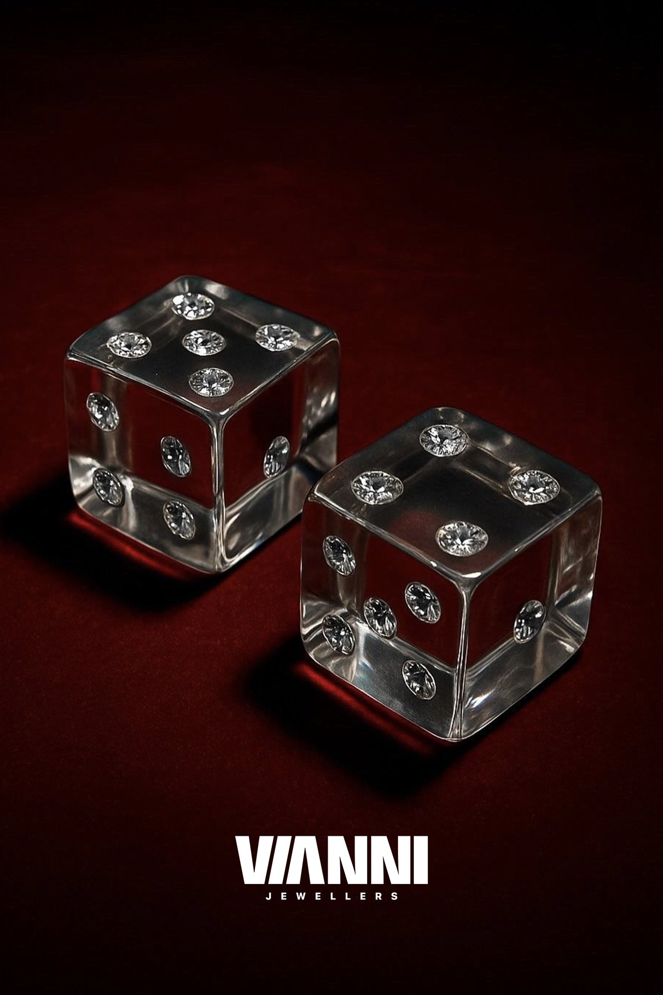 Vianni Jewellers — clear dice set with diamonds on deep red velvet